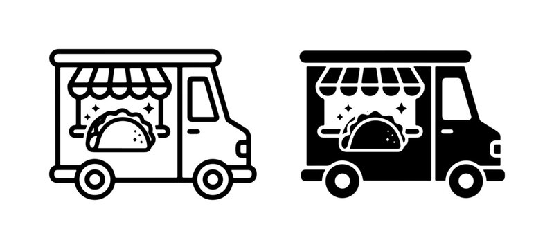 Taco Food Truck Icons, Mexican Cuisine Mobile Kitchen Vector Graphics, Street Food Service Design Elements