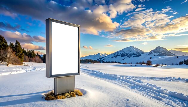 A blank billboard stands alone in a snowy landscape with mountains