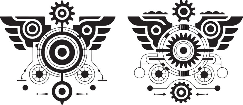 Steampunk mechanical wings emblem, intricate gears and circuits, futuristic abstract art, industrial aesthetic, clockwork components, visionary concept.