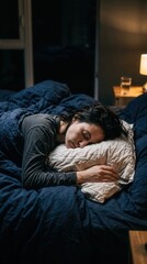 Fototapeta premium Peaceful Slumber Deeply Resting Woman In Comfortable Bed At Nighttime
