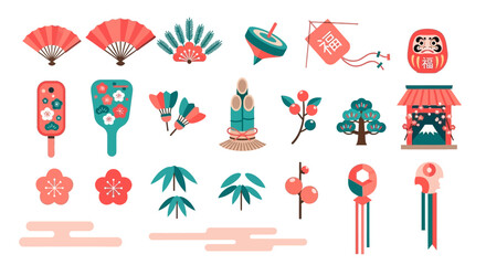 A vibrant and diverse collection of traditional Japanese New Year and cultural celebration icons, perfect for festive designs, seasonal greetings, and promoting cultural events © imran