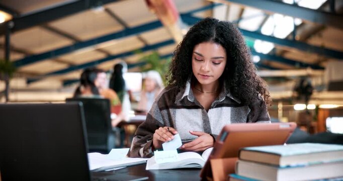 Writing, student and woman with sticky note in library, exam preparation and study for test knowledge. Education, learning and university scholar with revision for assessment, tech and course project