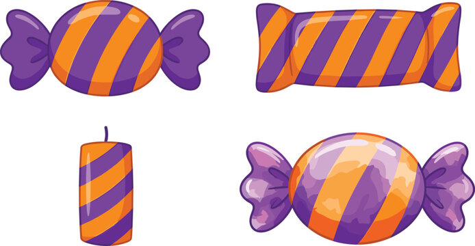 Cartoon illustration set of wrapped halloween candies and candle with purple and orange diagonal stripes isolated on white