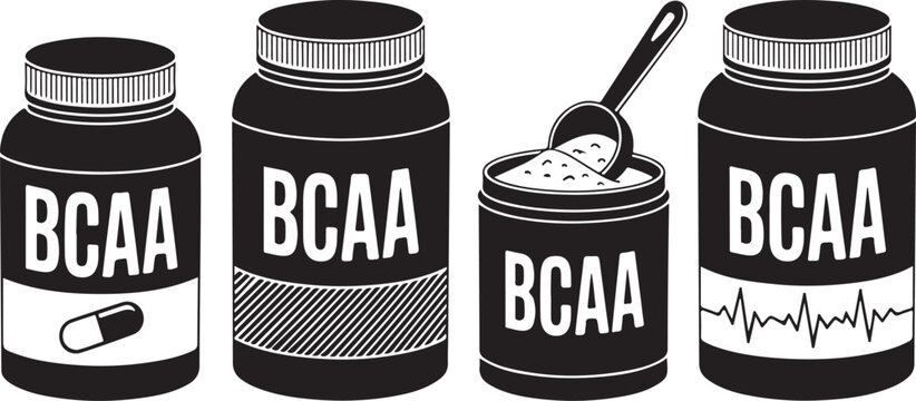 Bcaa supplement containers set featuring protein powder jars and capsules for fitness nutrition and bodybuilding muscle recovery.