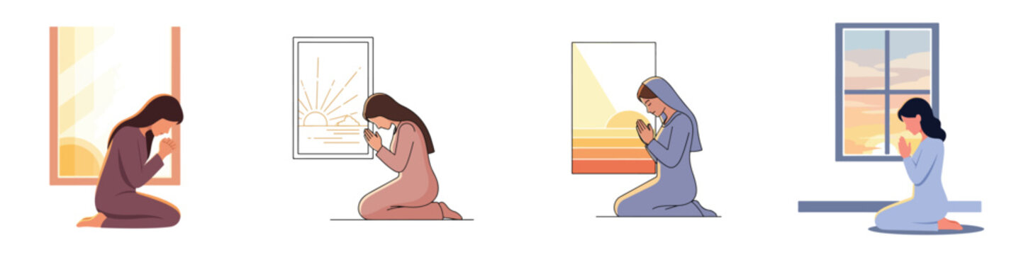 Flat vector illustration of a woman praying near a window during sunrise, peaceful devotion concept, white background, no outline, simple design, flat color, no gradient.
