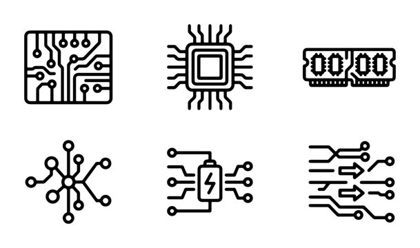 Circuit Board Icons, Computer Chip, RAM Module, Technology Elements, Digital Network Graphics