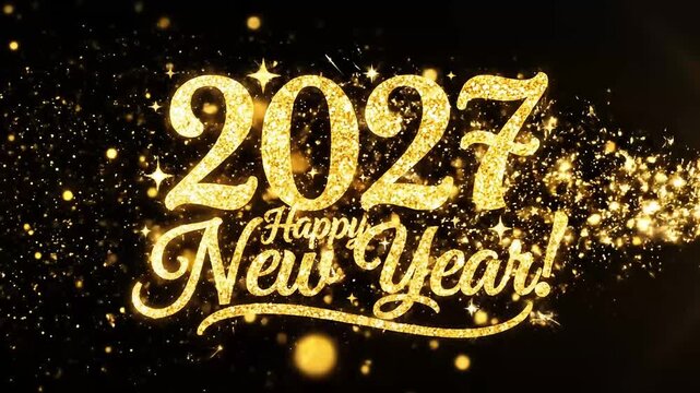 Golden Happy New Year 2027 greeting animation featuring shimmering glitter text and a bright light streak on a dark background