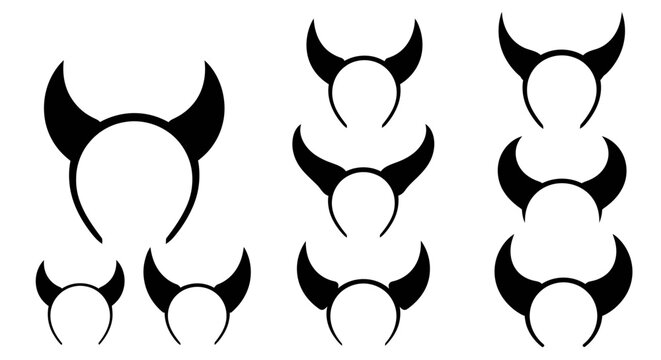 Collection of devil horns headbands in various sizes and styles, perfect for costumes and parties