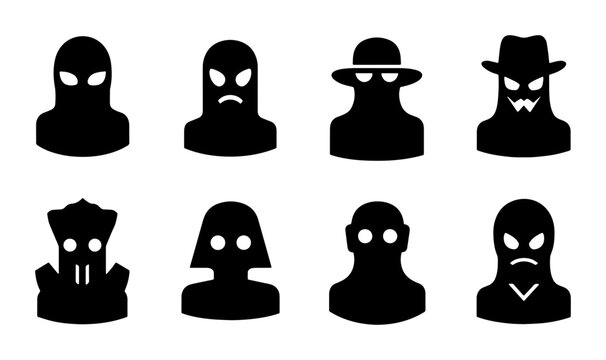 Mysterious Silhouette Icons: Secretive Figures, Anonymous Faces, Enigmatic Characters, Criminal Mascots