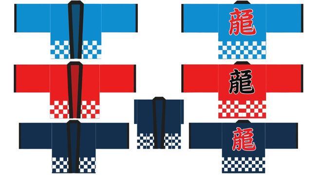 Collection of traditional Japanese happi festival coats in various colors with classic checkerboard pattern and dragon kanji symbol on the back, representing cultural celebrations and events