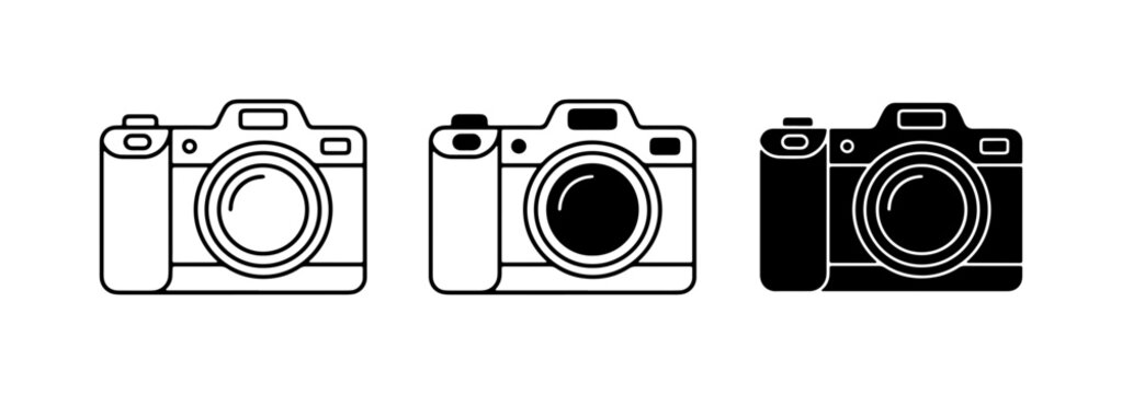Camera Icons Set: Three Vector Illustrations of Digital Cameras in Outline and Silhouette Styles, Photography Equipment Graphics