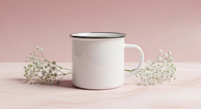 Blank white enamel mug mockup with babys breath flowers on a soft pink marble surface