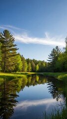 Obraz premium Tranquil river scene reflecting lush green trees and blue sky on a bright day