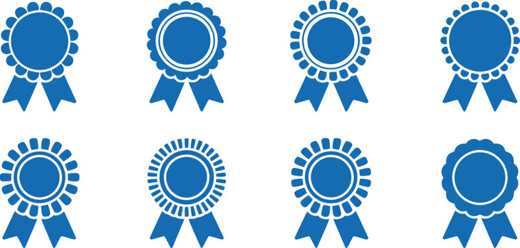 ribbon award icons set blue rosette badges vector illustrations