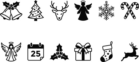 Christmas line and silhouette icon set featuring holiday bells tree reindeer snowflake angel and gift box elements © Muntaseer