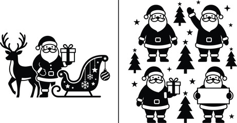 Christmas Santa Claus silhouette vector set with reindeer sleigh and winter trees isolated on white background © Muntaseer