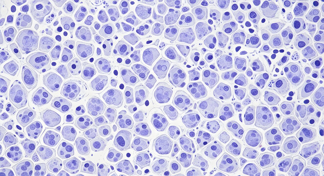 Vibrant blue cells densely packed in a laboratory sample under a microscope.