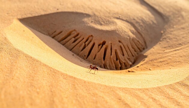 A solitary antlion insect meticulously digs its conical sand pit trap for hunting prey
