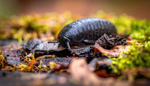 Black woodlouse exploring damp decaying matter in its miniature world