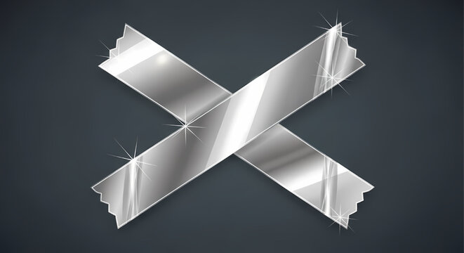Silver metallic tape strips crossed on dark background