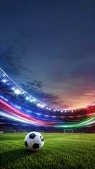 Fototapeta premium Soccer ball on the field with stadium lights during a match