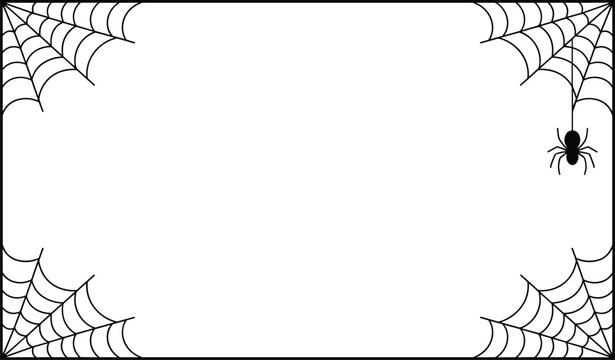 Creepy black spider web border featuring a small hanging arachnid in the corner against a plain white background for design.