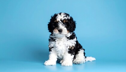 Fototapeta premium A black and white puppy with curly fur sits on a blue background