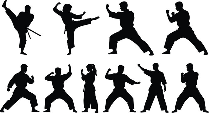 Mixed martial arts combat silhouettes bundle isolated on white background diverse fighters training judo karate blocks stances defense postures graphic graphics