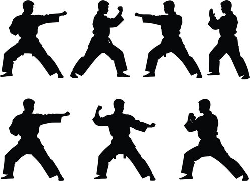 Karate punch silhouettes collection isolated on white background martial arts hand strikes jabbing blocks traditional uniform fighters technique layout