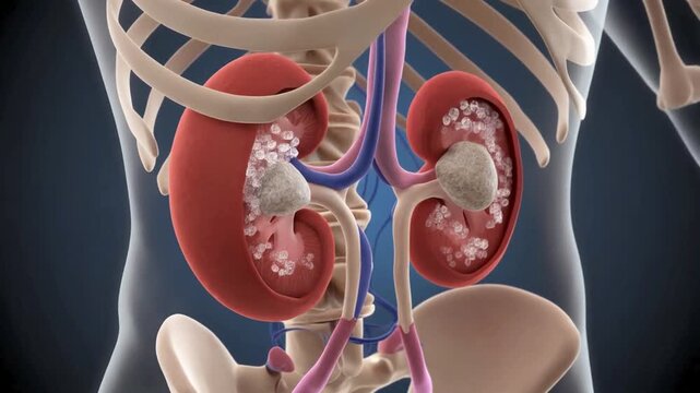 3D Medical Illustration of Human Kidneys and Skeletal System in Blue and Red Anatomy Model