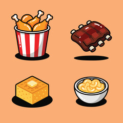 Delicious American BBQ and Southern comfort food vector illustration set. Cartoon icons of fried chicken bucket, grilled pork ribs, cornbread with butter, and macaroni cheese bowl isolated on orange b © Yin
