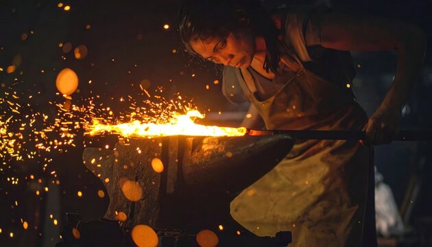 Blacksmith Working Hot Metal in a Fiery Forge with Sparks Flying