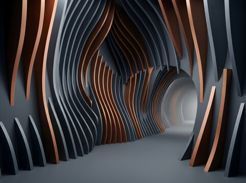 3D abstract parametric architecture interior, modern grey and copper curving tunnel background