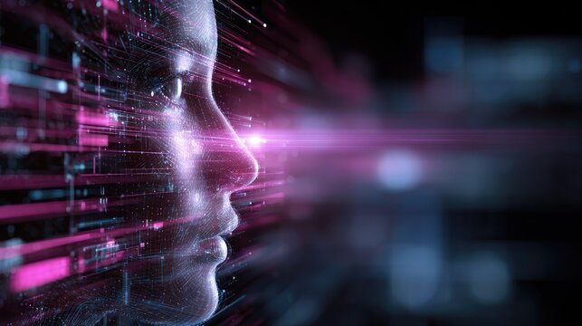 Abstract digital human profile made of data particles and light.