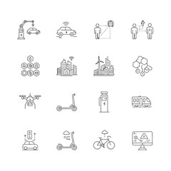 Fototapeta premium Set of 16 Outline Icons Related to Autonomous Mobility, Intelligent Transportation and Future Movement Systems. Editable Stroke Vector Collection