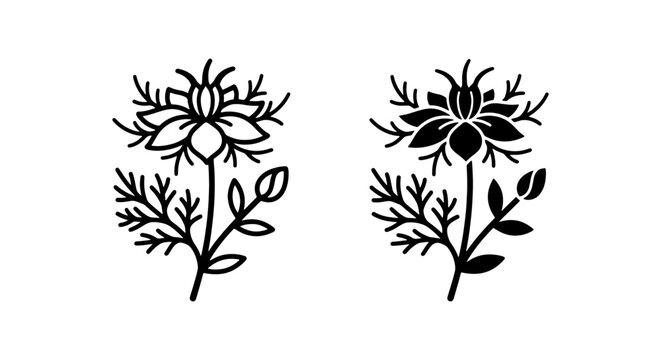 Black Cumin Flower Vector Icons, Nigella Sativa Botanical Illustrations, Outline and Silhouette Plant Graphics for Herbal Medicine and Design