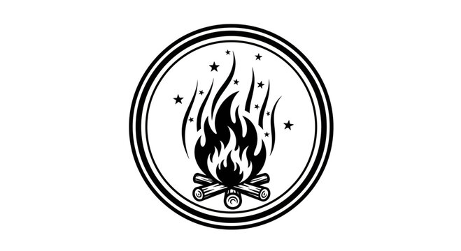 Black and White Campfire Icon in Circular Frame