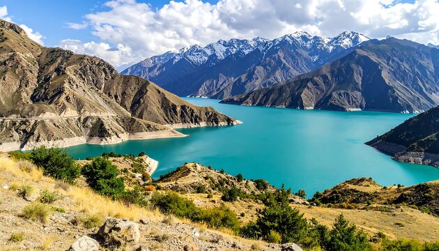 A breathtaking landscape of a turquoise lake nestled between rugged mountains