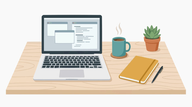 A modern desk setup with a laptop, coffee, notebook, and plant, perfect for work or study Isolated on white background