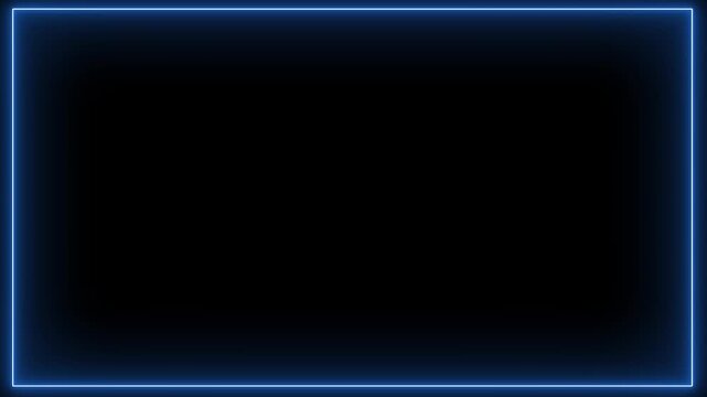 Blue neon square frame glowing with energy on black background, abstract technology motion graphics background.
