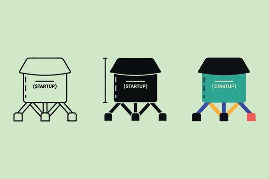 A flat showing three variations of a stylized lunar lander labeled with the word startup, representing the evolution of a brand identity process