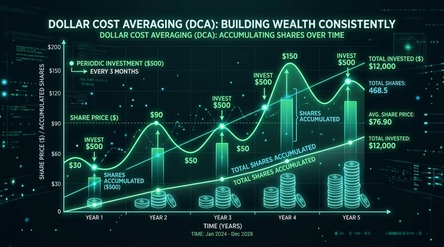 Dollar Cost Averaging visual representation, showing gradual wealth accumulation through consistent investment