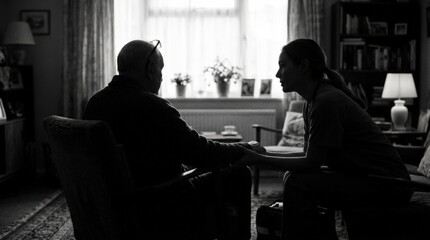 Fototapeta premium Caring Woman Comforts Elderly Man Holding Hands Providing Senior Home Healthcare Support & Compassion