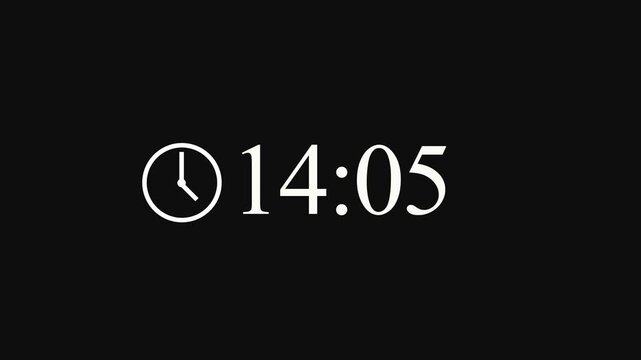 Minimal digital clock animation counting sixty minutes from fourteen to fifteen hours on black background.