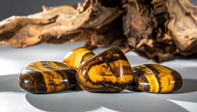 Macro View of Polished Tiger's Eye Gemstones with Golden Brown Bands and Natural Wood Backdrop