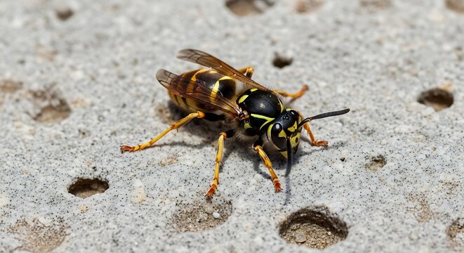 Closeup of a yellow jacket wasp on a textured concrete surface