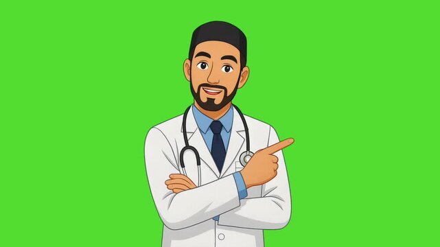 male doctor character smiling and pointing finger to the side on green screen background