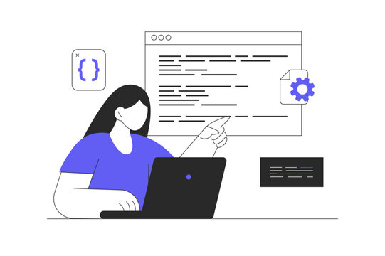 Server Programming Architecture and Engineering Backend Developer. Female IT Programmer Working on Laptop Screen with Code Script and Settings Gear. Flat Cartoon Vector Illustration, icon Stylish web