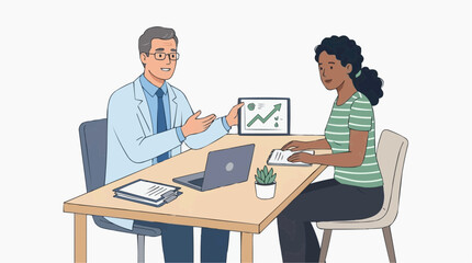 Obraz premium Doctor advising patient at desk with medical chart and tablet showing growth chart. Isolated on white background