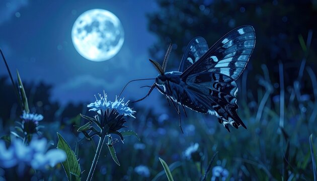 Night Moth Hovers Gracefully at a Blooming Flower Under the Moonlight